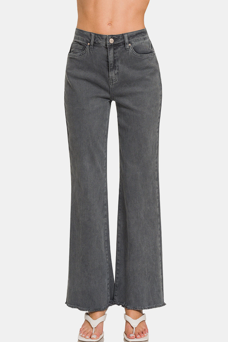 Zenana Acid Washed Frayed Hem Bootcut Jeans - Image 2