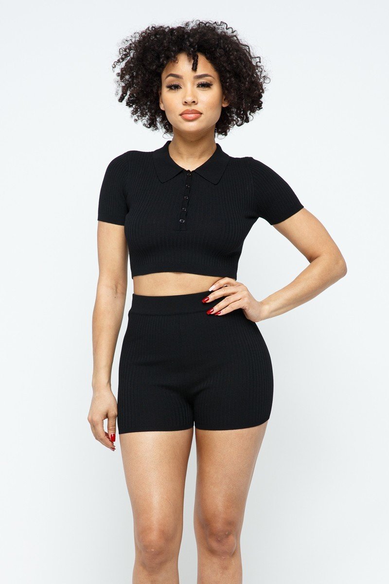 Collar Crop Top + Shorts Set - Image 3