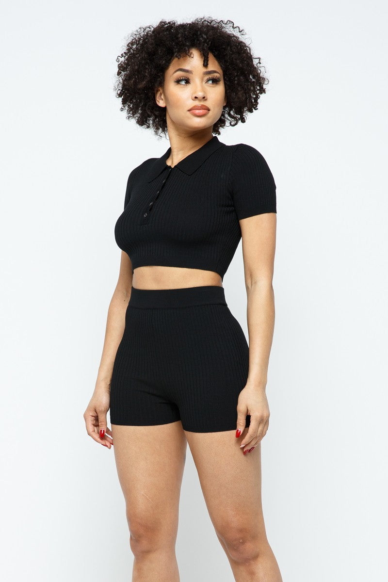 Collar Crop Top + Shorts Set - Image 4