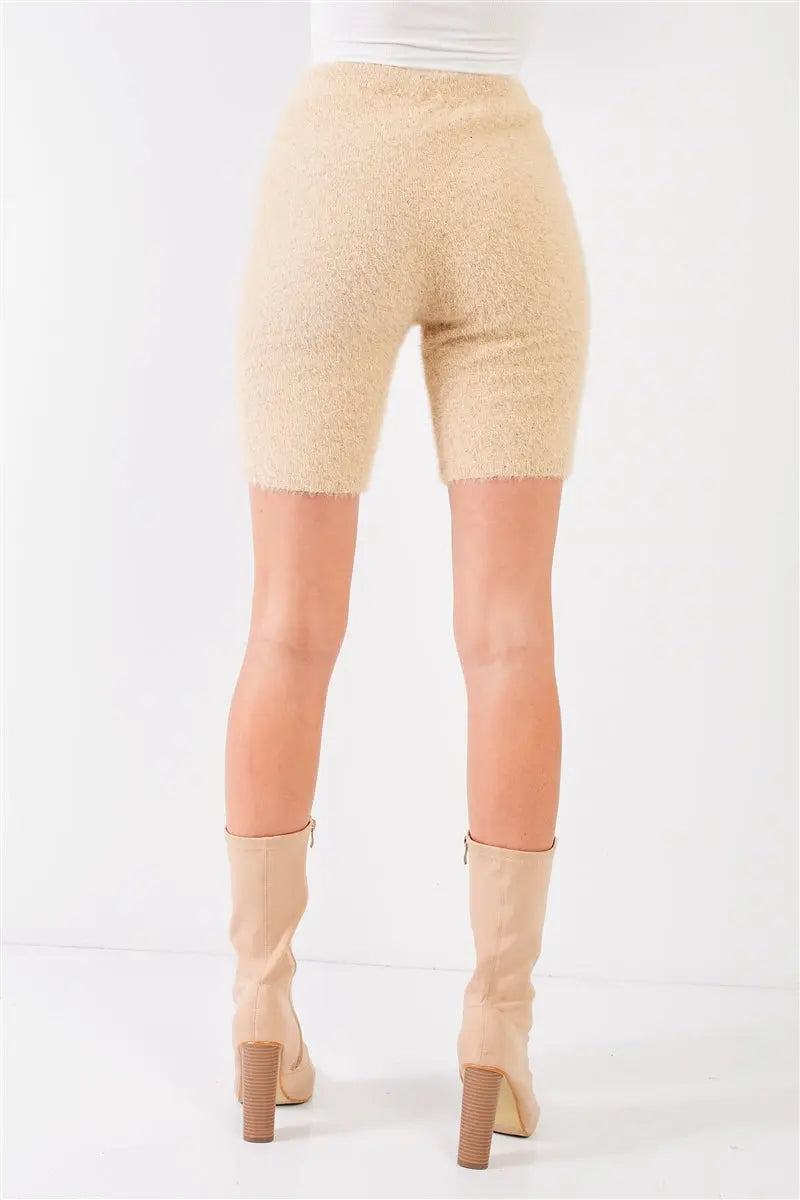Oatmeal Beige Knit High Waist Stretchy Warm Fuzzy Biker Shorts - Image 3